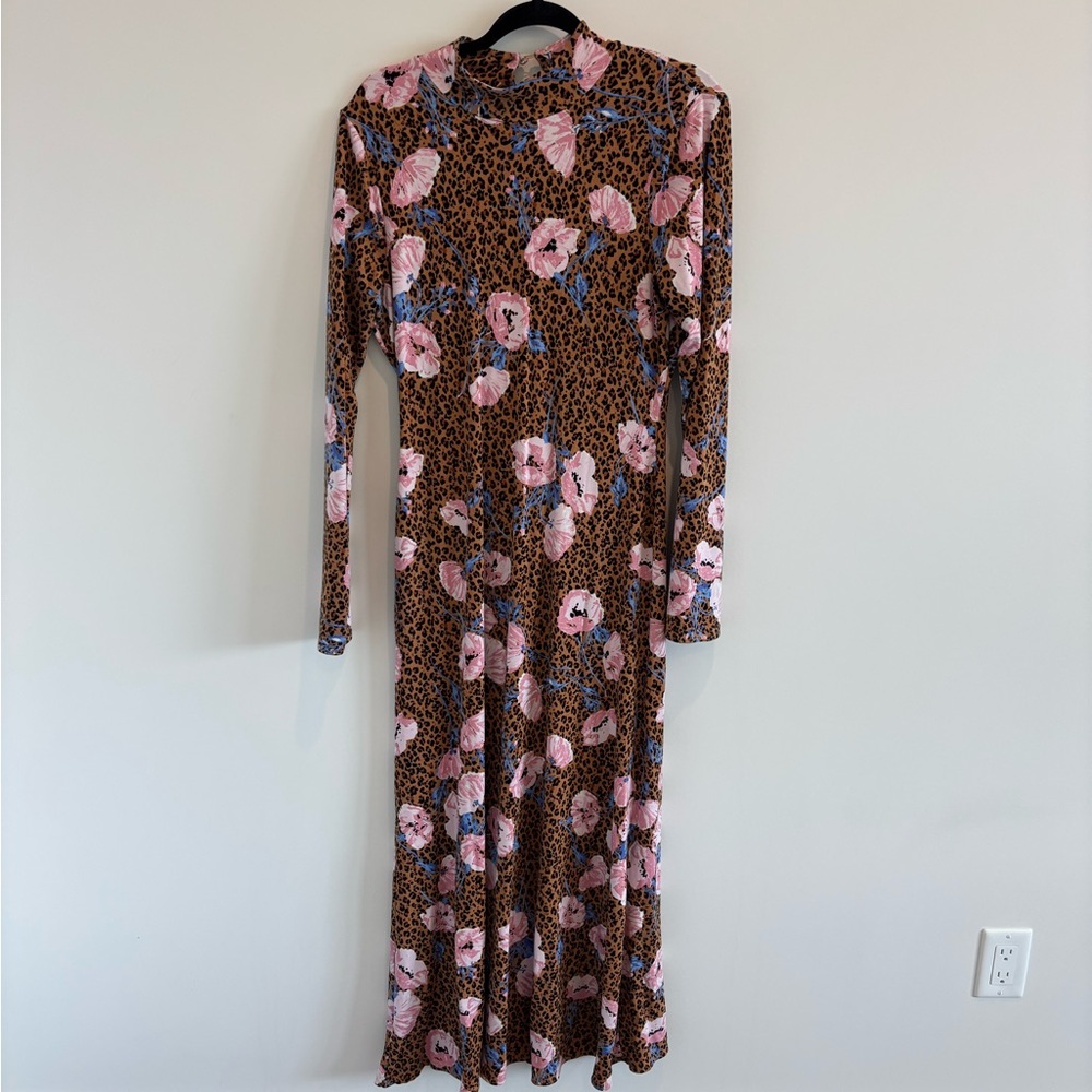 Free People Brown Leopard Maxi Dress with Pink Floral Accents